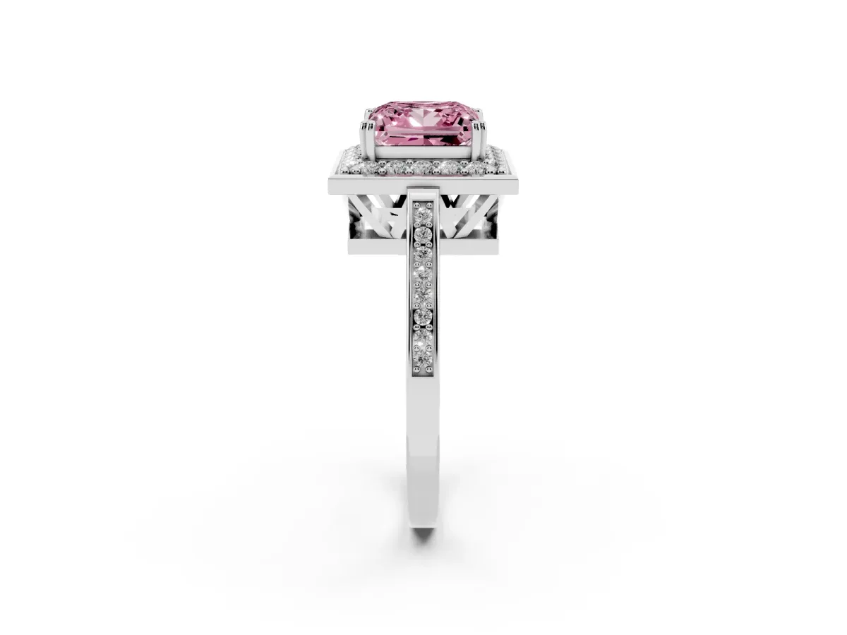 Fancy Pink Princess Cut Diamond Halo Ring with Split Shank and Four-Prong Setting Silver