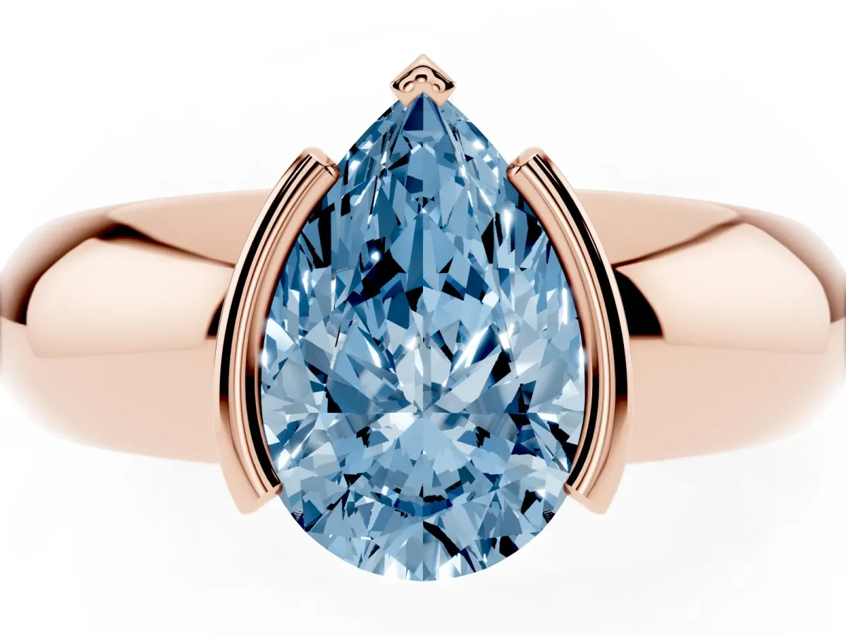 Fancy Blue Pear Cut Solitaire Tension Set Diamond Ring with Wide Band Rose gold