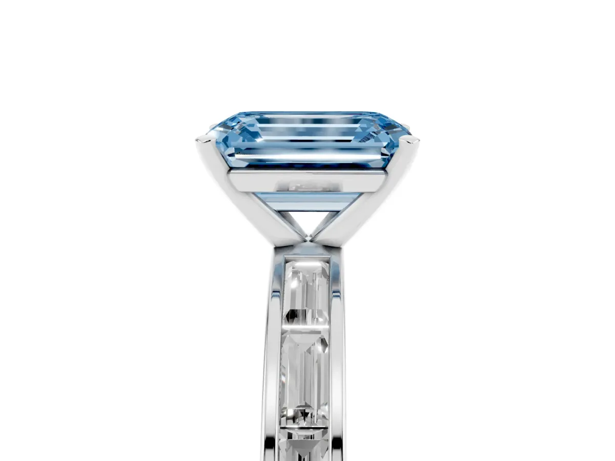 Fancy Blue Emerald Cut Solitaire Diamond Ring with Channel-Set Baguette Band and Four-Prong Setting White gold