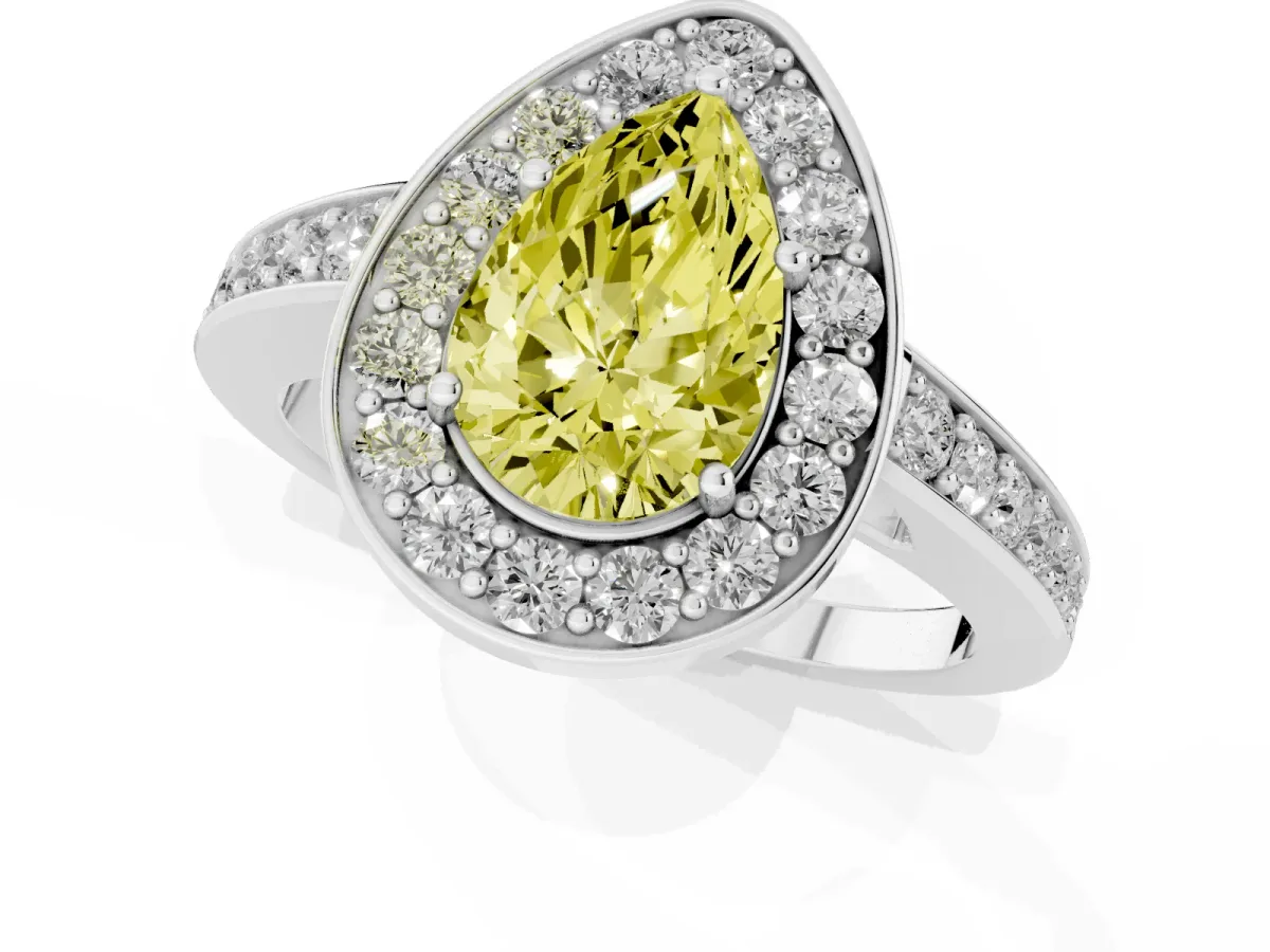 Fancy Yellow Pear Cut Halo Pavé Diamond Engagement Ring with Bezel Setting Silver