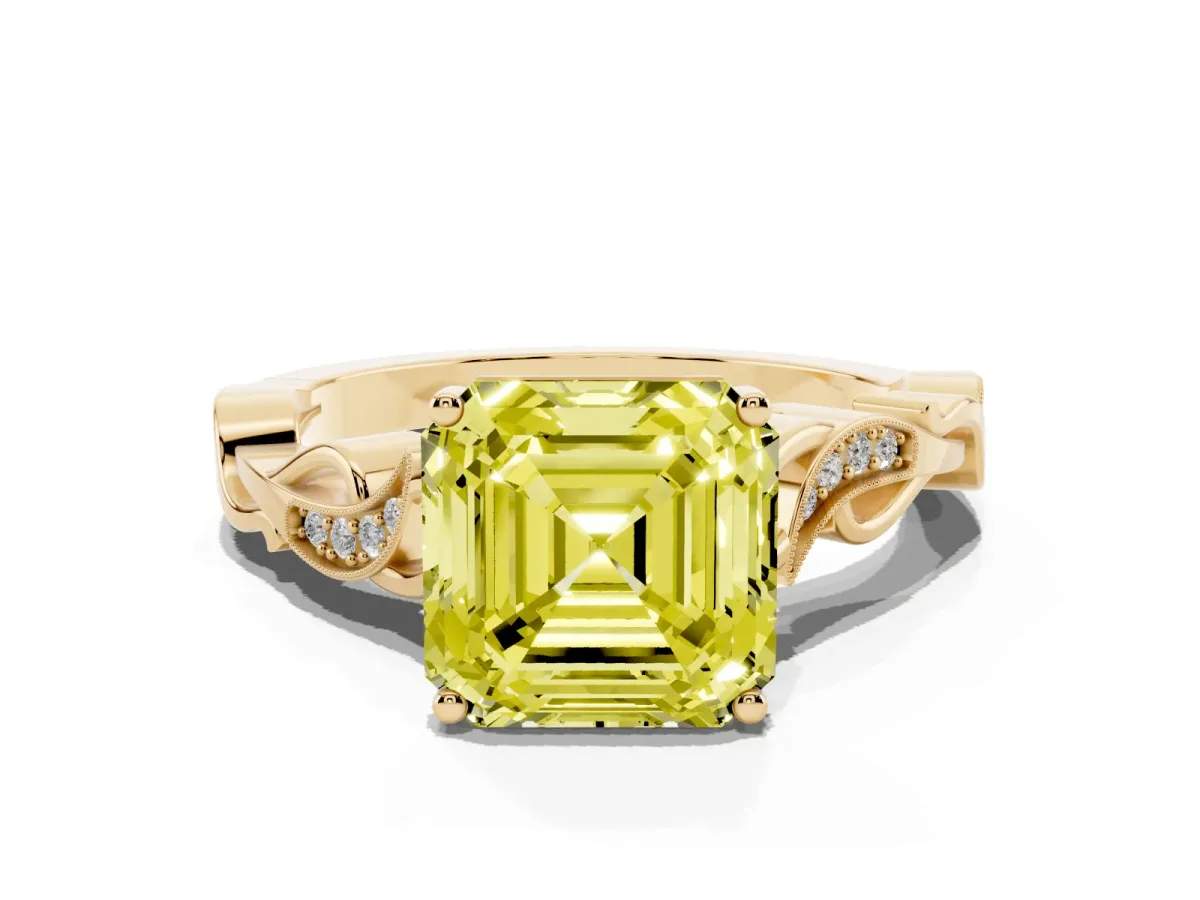 Fancy Yellow Asscher Cut Solitaire Vine Band with Milgrain Prong Setting Yellow gold