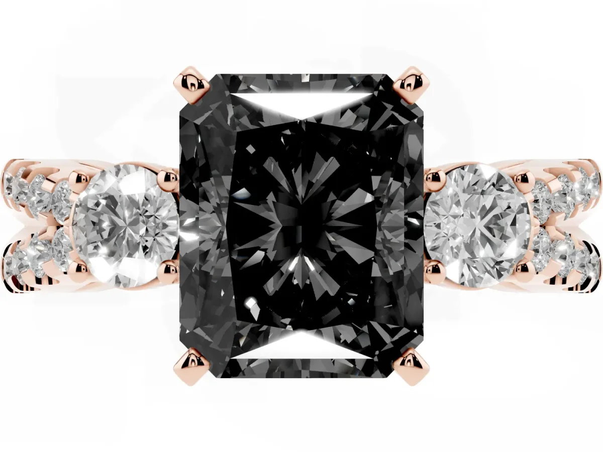 Fancy Black Radiant Cut Diamond Three-Stone Ring with Pavé Split Shank and Four-Prong Setting Rose gold
