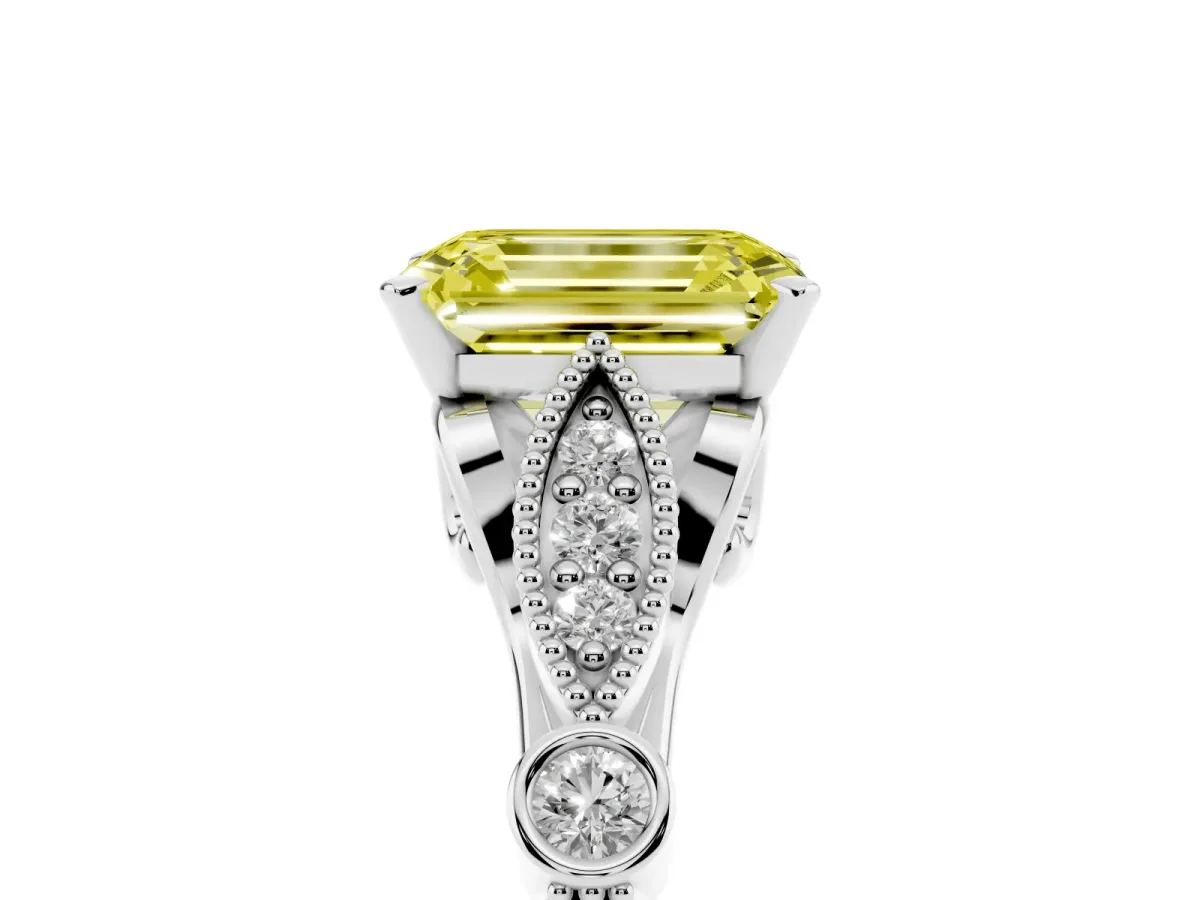 Fancy Yellow Emerald Cut Cut Diamond with Milgrain Marquise and Bezel Accents on a Solitaire Band with Prong Setting Platinum