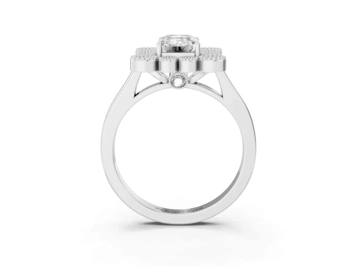 Emerald Cut Halo Diamond Cluster Engagement Ring with Milgrain Bezel Setting and Solitaire Band Platinum