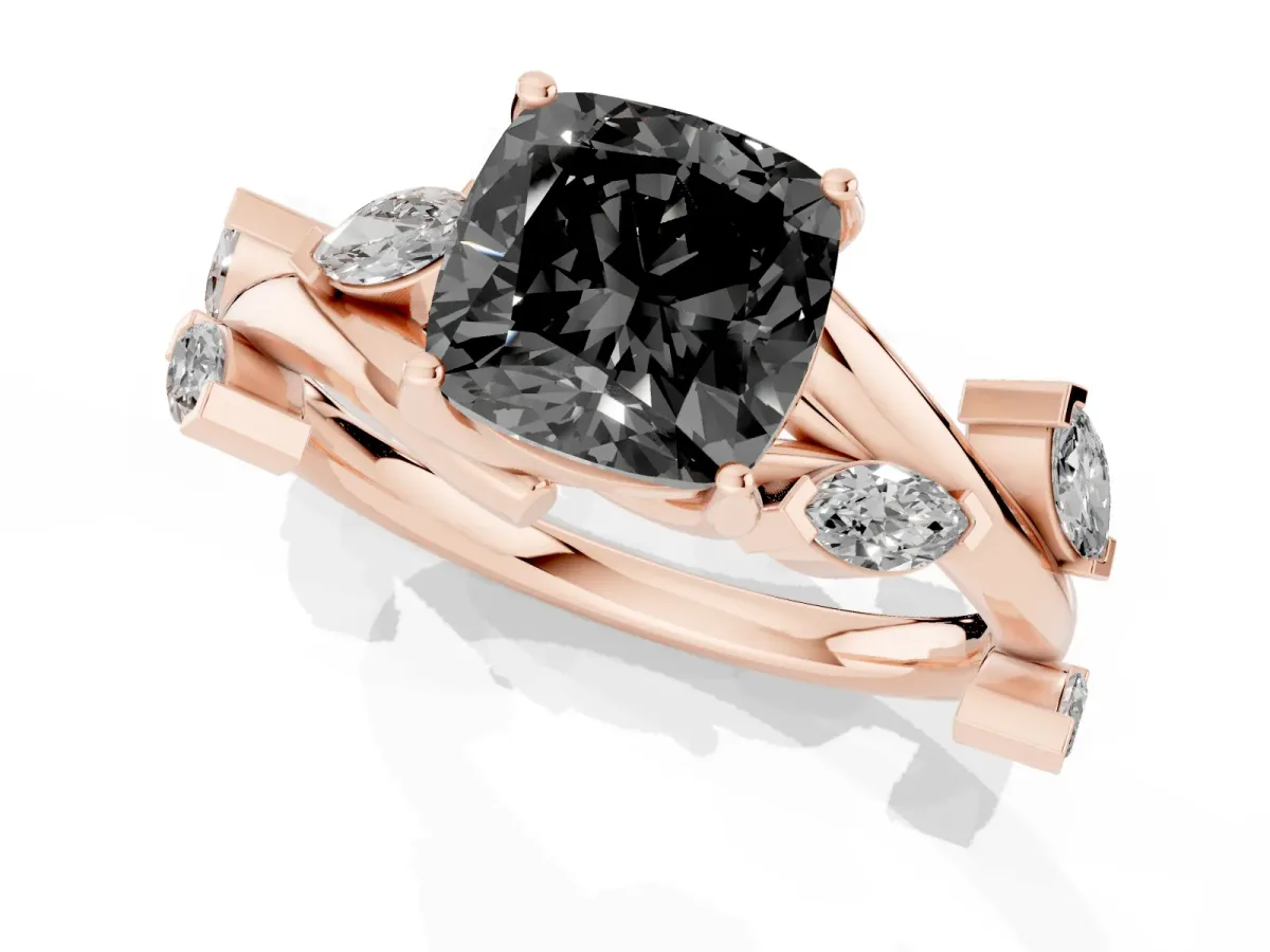 Fancy Black Cushion Cut Solitaire Twisted Band Marquise Accent Prong Setting Ring Rose gold