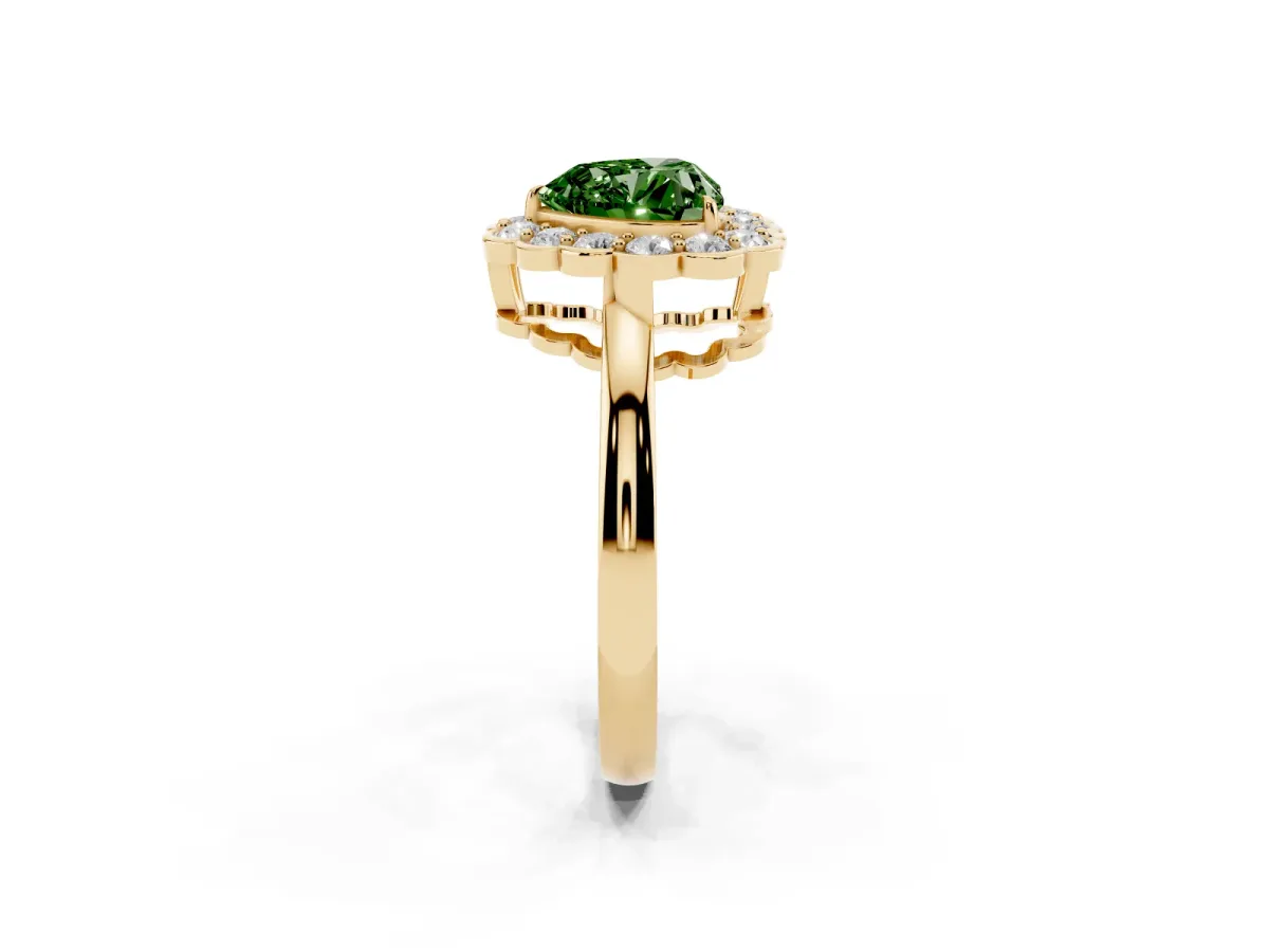 Fancy Green Heart Cut Halo Cluster Diamond Engagement Ring with Solitaire Band and Prong Setting Yellow gold