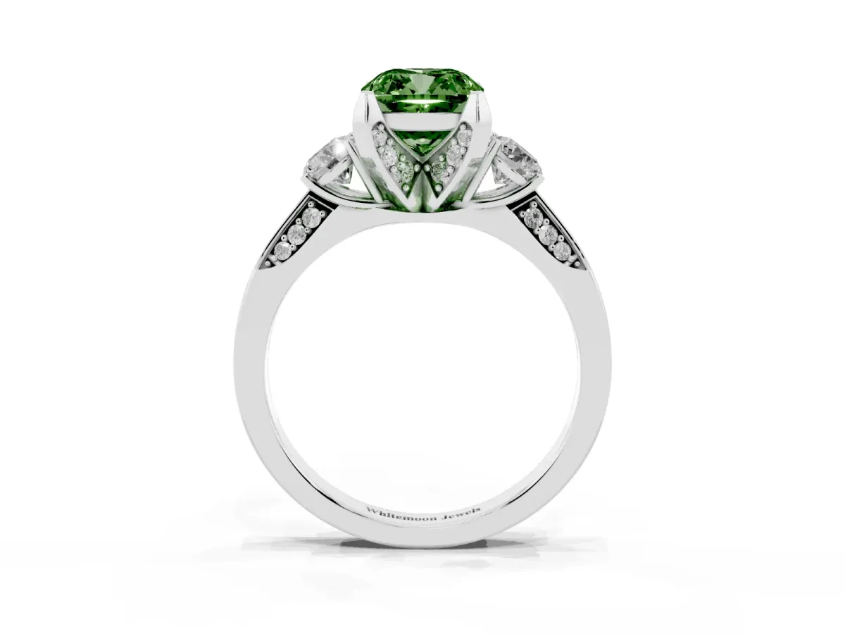 Fancy Green Cushion Cut Brilliant Three-Stone Diamond Ring with Pavé Band and Four-Prong Setting Silver