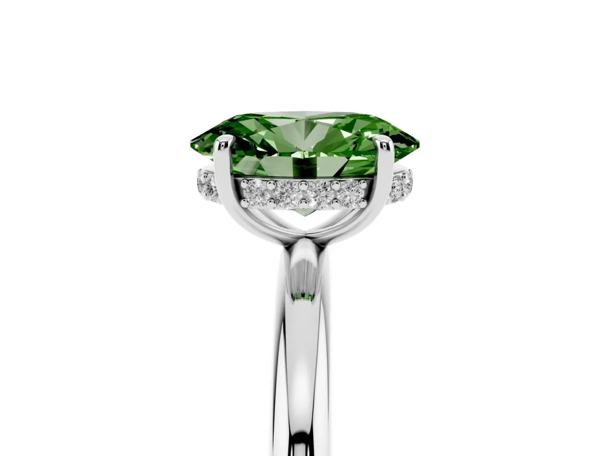 Fancy Green Oval Cut Diamond Solitaire Ring with Thin Band and Four-Prong Setting Silver