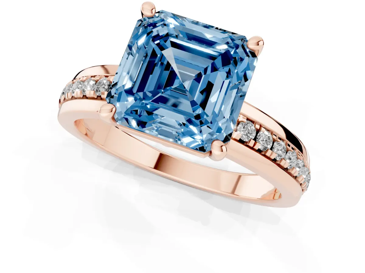 Fancy Blue Asscher Cut Solitaire Diamond Ring with Channel Set Band and Six-Prong Setting Rose gold