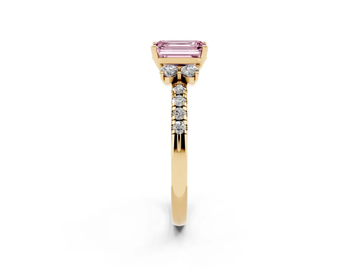 Fancy Pink Emerald Cut Diamond Three-Stone Pave Band with Four-Prong Setting Yellow gold