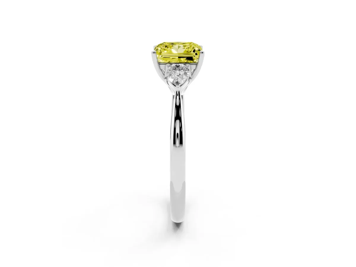Fancy Yellow Princess Cut Diamond Three-Stone Ring with Pear Side Stones and Prong Setting Silver