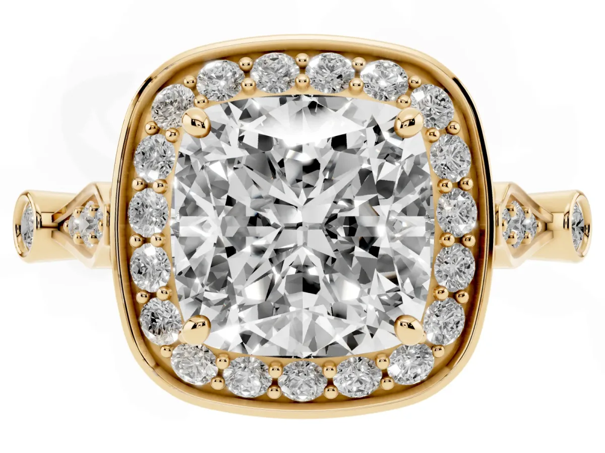 Cushion Cut Halo Diamond Engagement Ring with Twisted Band and Four-Prong Setting Yellow gold