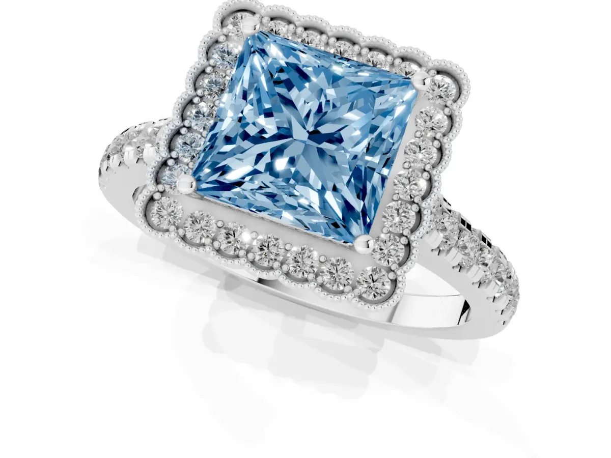 Fancy Blue Princess Cut Cut Diamond Milgrain Floral Halo Engagement Ring with Pavé Band Platinum