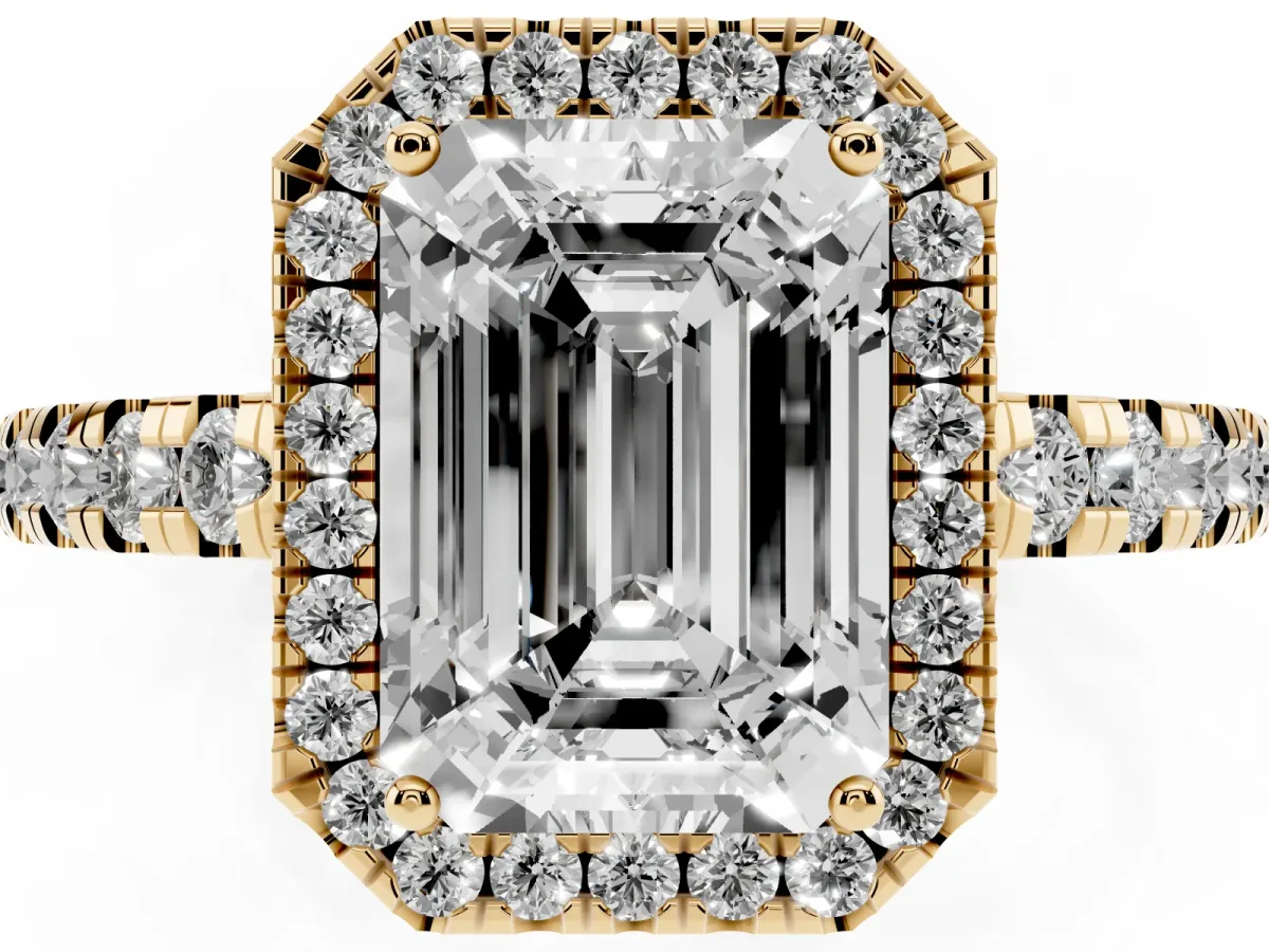 Emerald Cut Diamond Halo Ring with Pavé Band and Four-Prong Setting Yellow gold