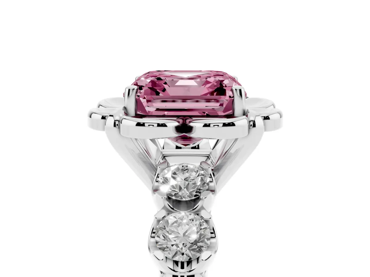 Fancy Pink Asscher Cut Cut Diamond Floral Halo Engagement Ring with Shared Prong Setting Silver