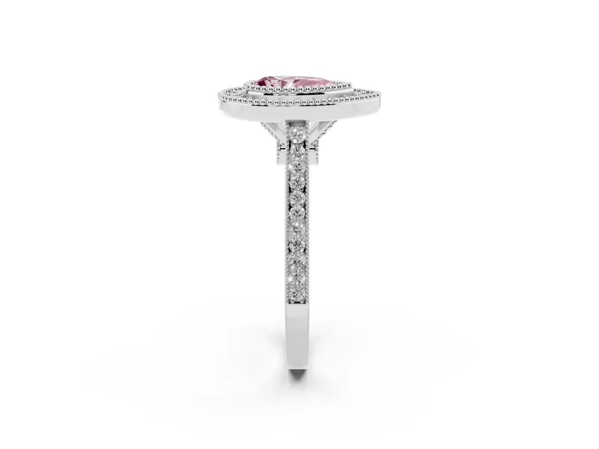 Fancy Pink Pear Cut Diamond Halo Ring with Milgrain Frame and Pavé Band Platinum