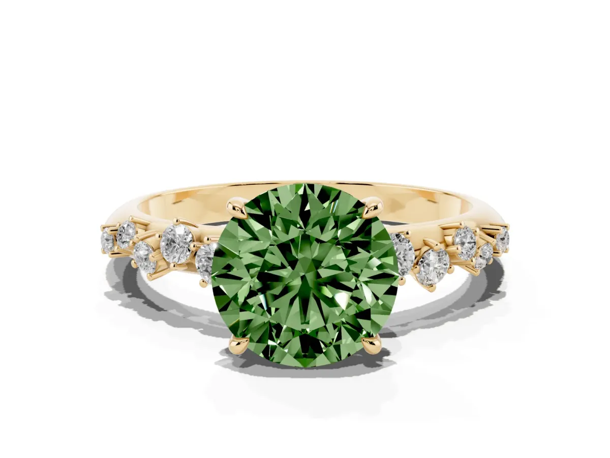 Fancy Green Round Cut Diamond Cluster Side Stone Solitaire Ring with Prong Setting Yellow gold
