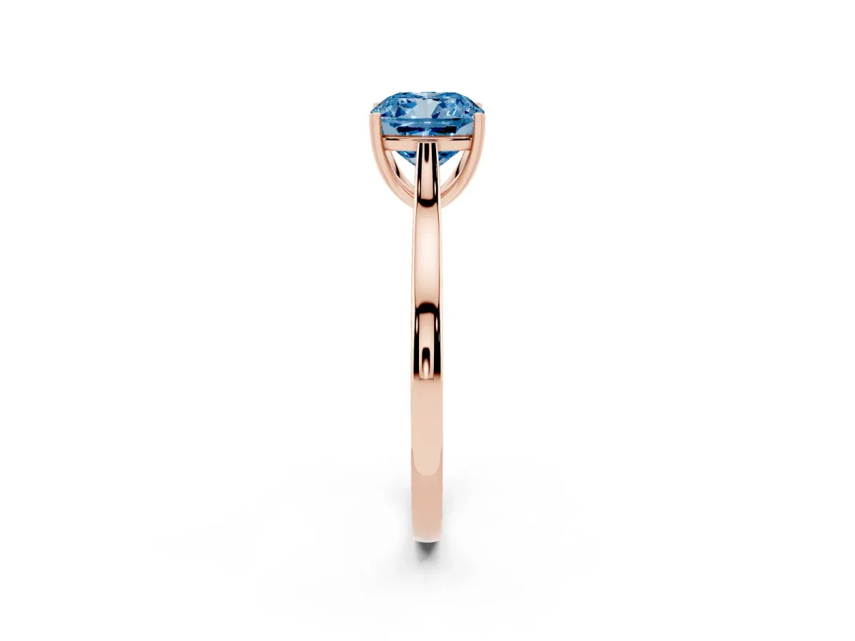 Fancy Blue Cushion Cut Solitaire Heart Prong Engagement Ring with Tapered Band Rose gold