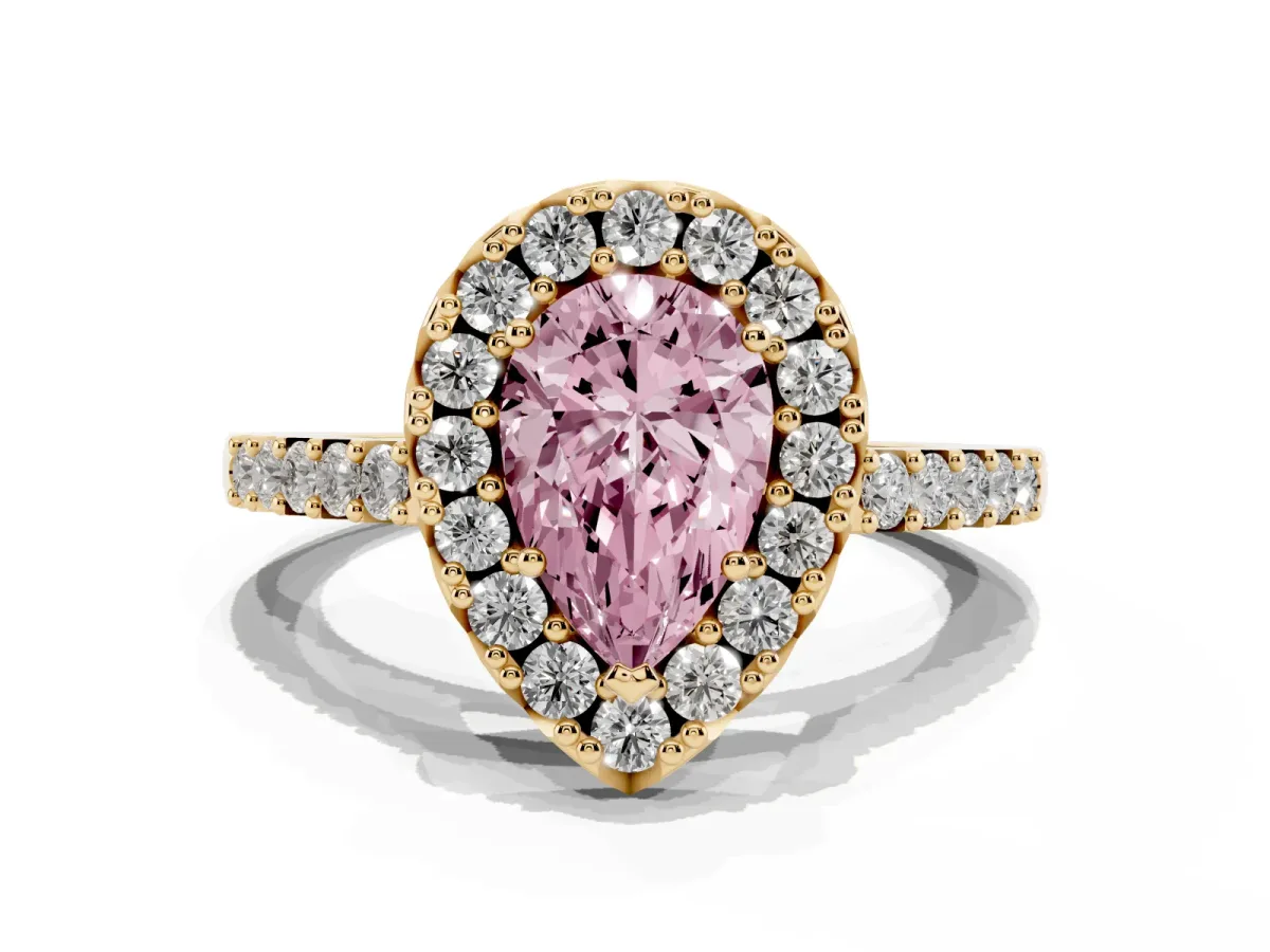 Fancy Pink Pear Cut Halo Diamond Pavé Solitaire Ring Yellow gold