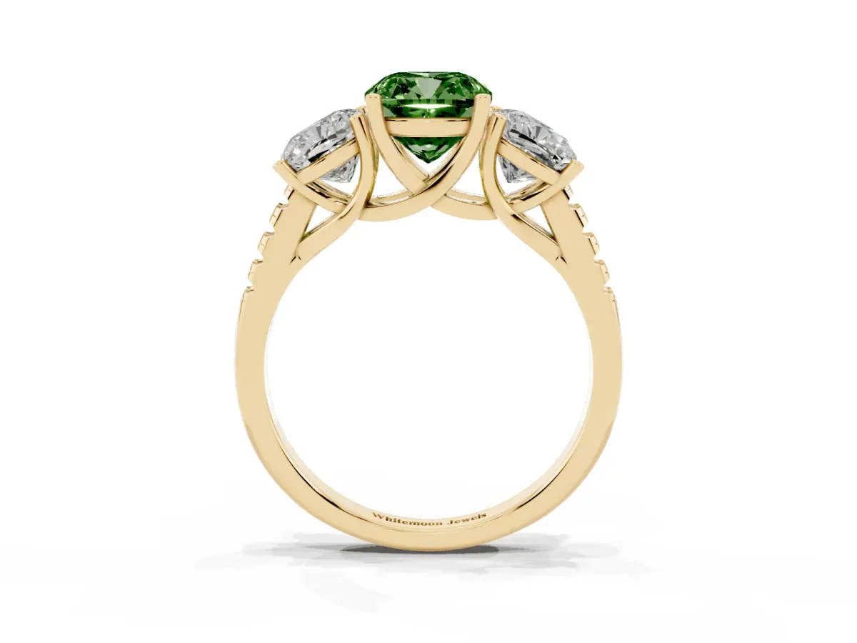 Fancy Green Three-Stone Cushion Cut Diamond Ring with Round Pavé Band and Prong Setting Yellow gold