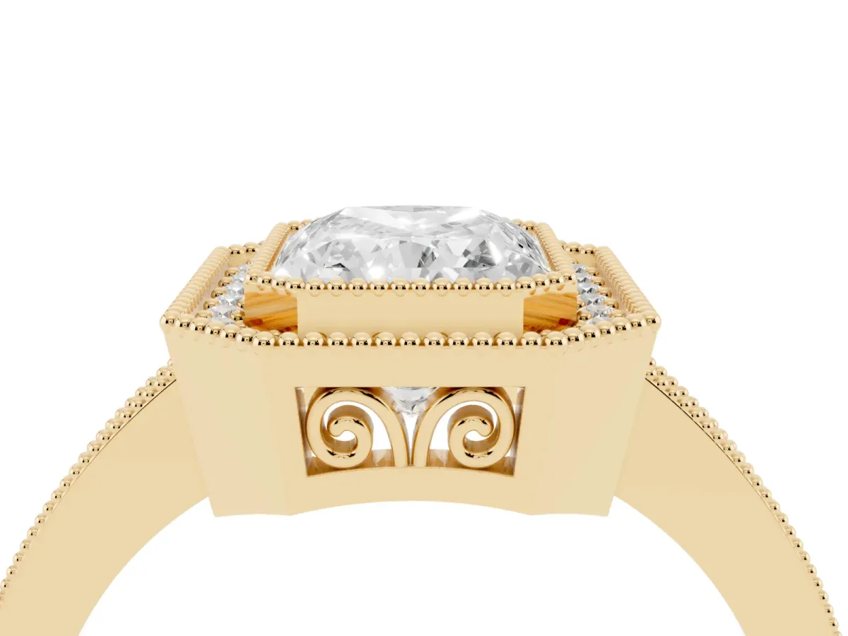 Radiant Cut Cut Halo Diamond Ring with Pavé Band and Milgrain Prong Setting Yellow gold