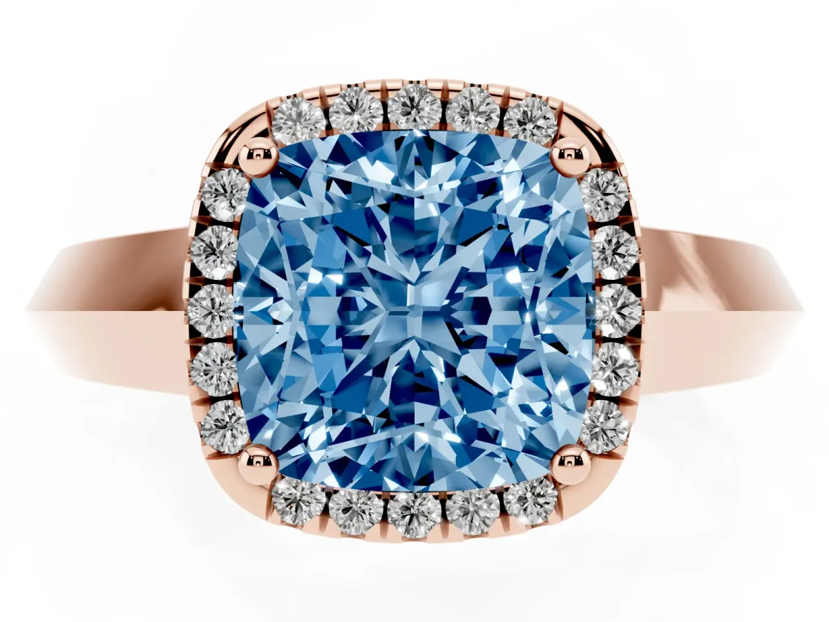 Fancy Blue Cushion Cut Halo Diamond Ring with Cathedral Band and Four-Prong Setting Rose gold