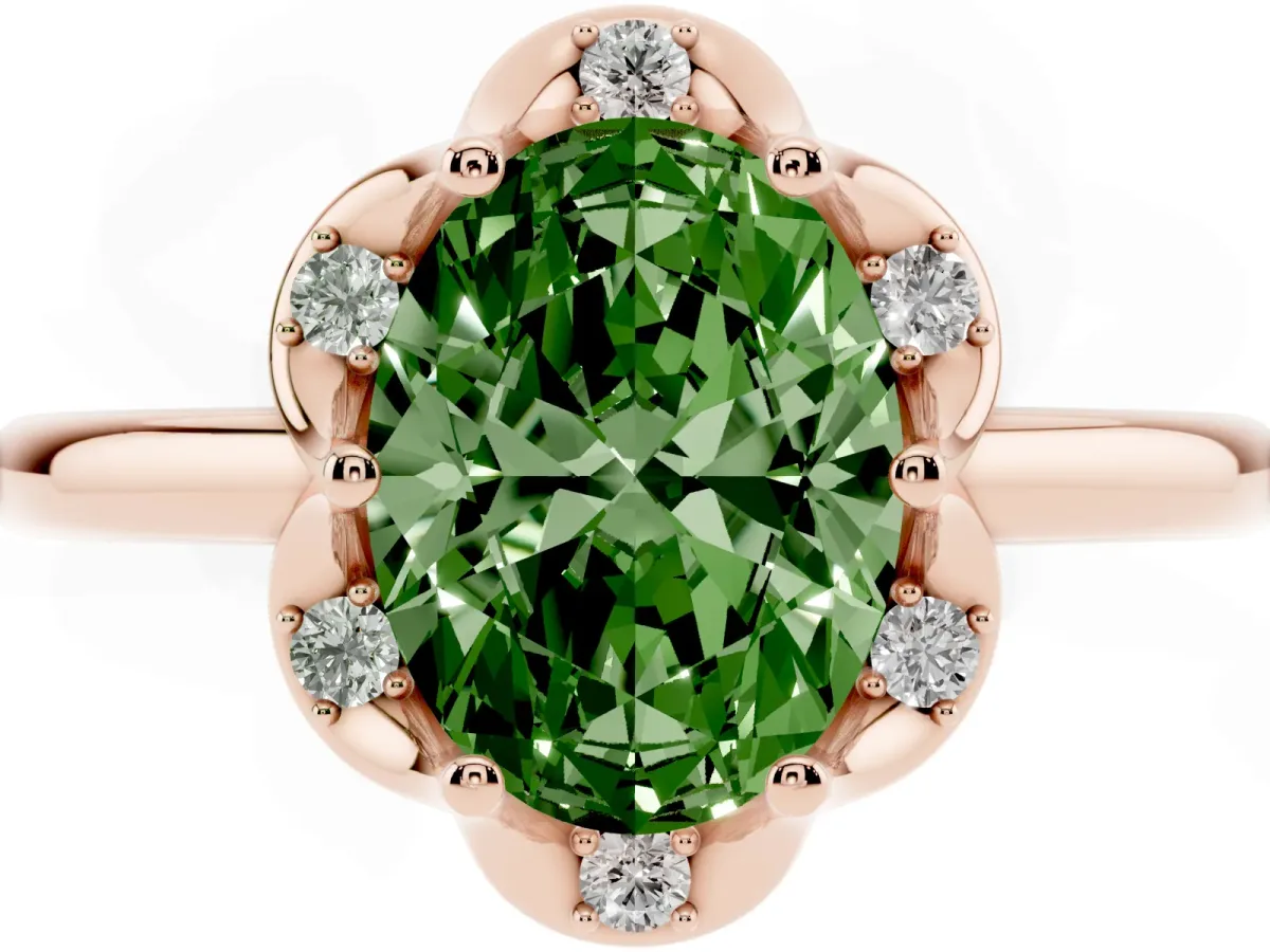 Fancy Green Oval Cut Halo Diamond Ring with Round Cluster Setting, Solitaire Band, and Four-Prong Setting Rose gold