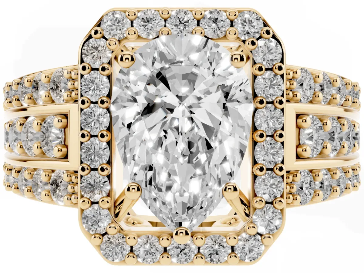Pear Cut Halo Diamond Ring with Round Split Shank and Prong Setting Yellow gold