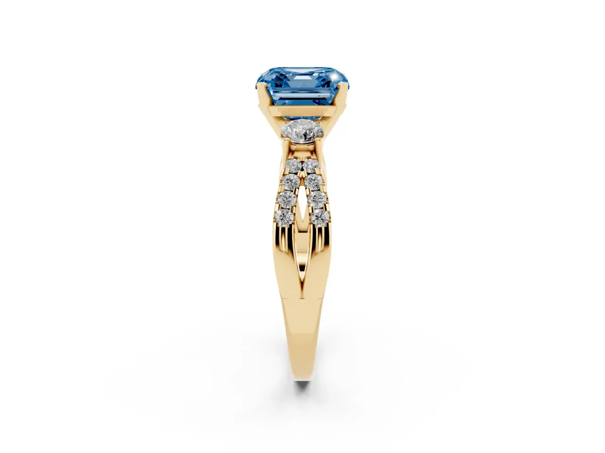 Fancy Blue Asscher Cut Diamond Three-Stone Ring with Pavé Split Shank and Four-Prong Setting Yellow gold