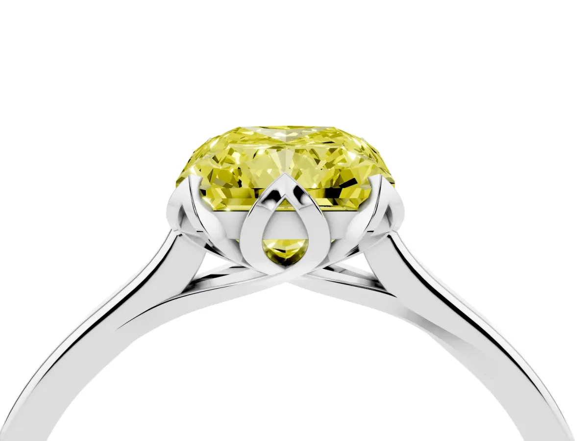 Fancy Yellow Radiant Cut Diamond Solitaire Ring with Flower Prong Setting and Classic Band Platinum