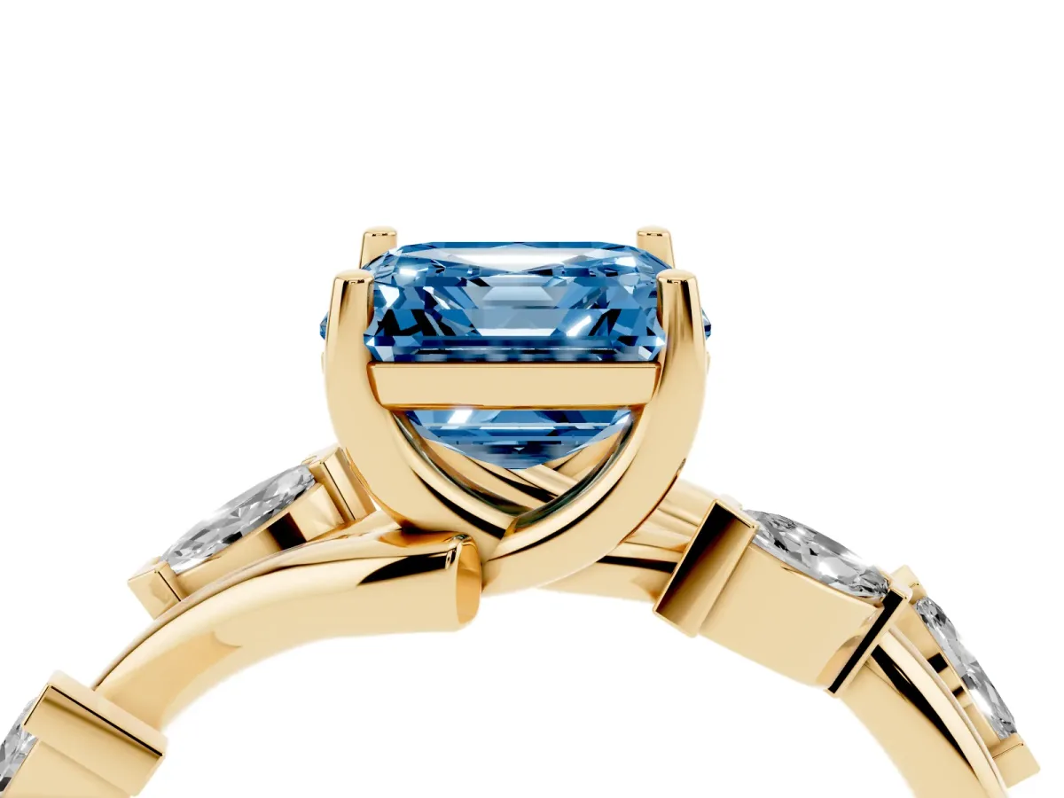 Fancy Blue Asscher Cut Solitaire Twisted Band Marquise Accent Prong Setting Ring Yellow gold