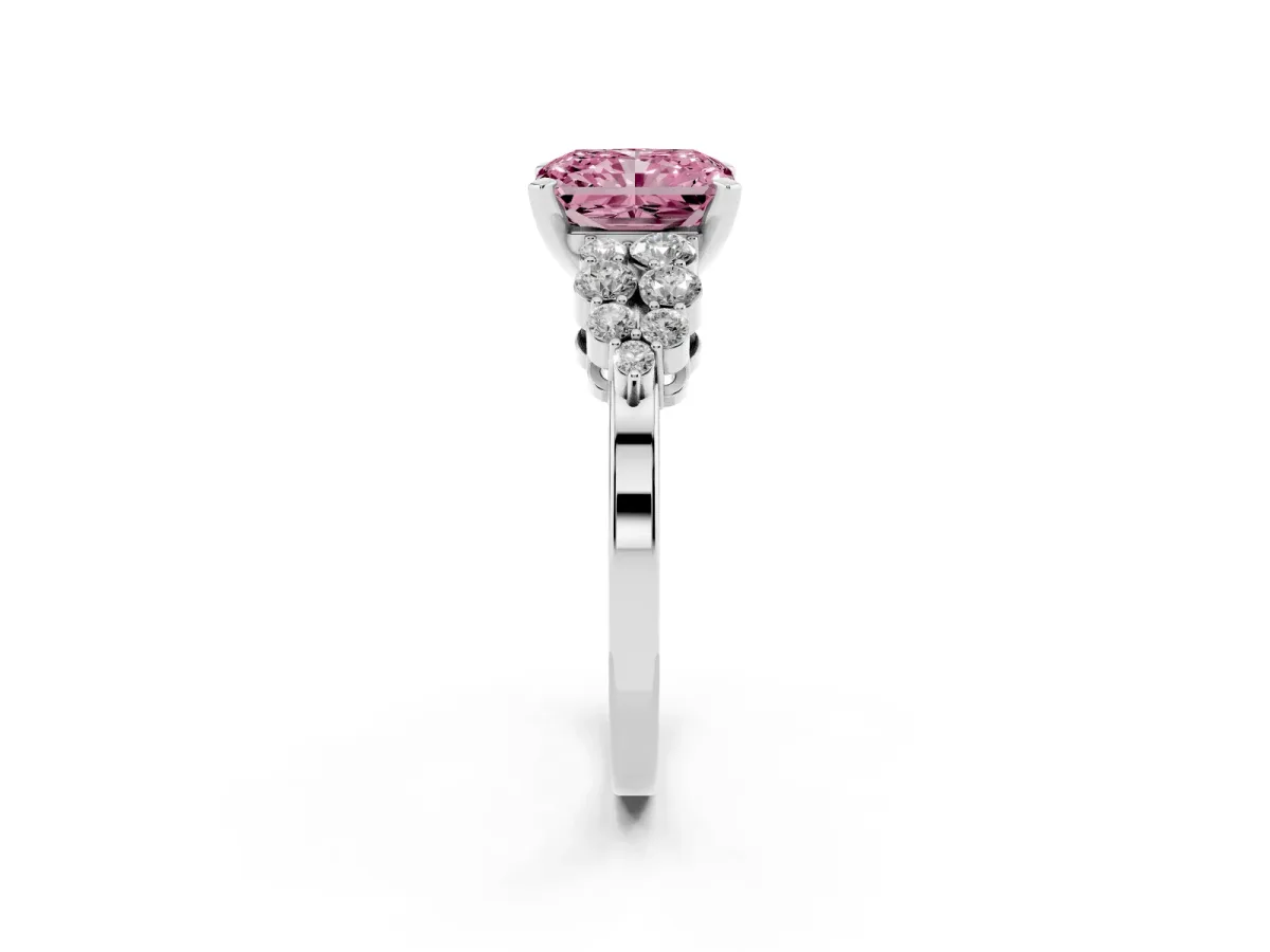 Fancy Pink Radiant Cut Cluster Diamond Engagement Ring with Pavé Band and Four-Prong Setting Silver