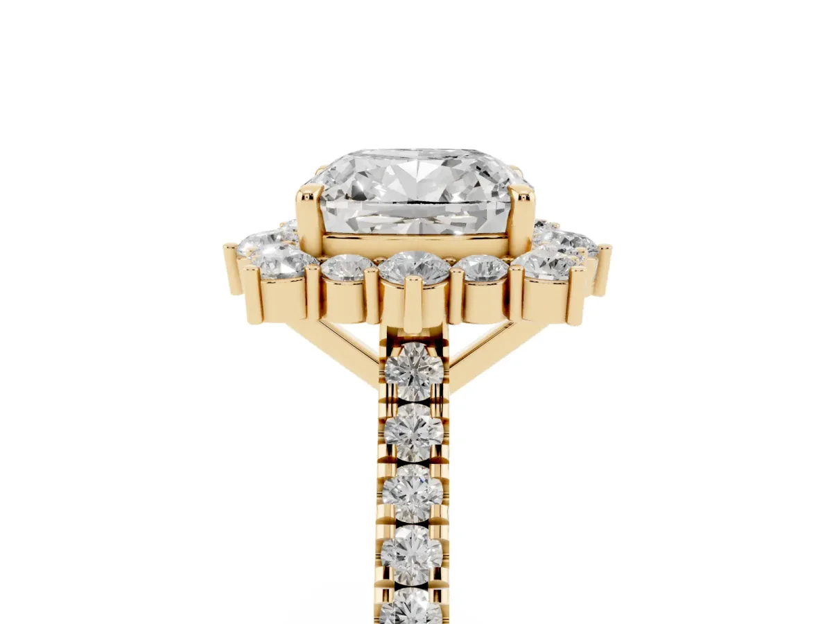 Cushion Cut Halo Diamond Ring with Pavé Band and Prong Setting Yellow gold