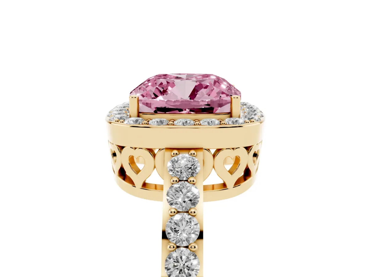 Fancy Pink Cushion Cut Halo Diamond Pavé Band Ring with Prong Setting Yellow gold