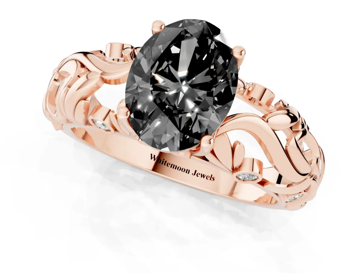 Fancy Black Oval Cut Solitaire Diamond Leaf-Inspired Vine Band Ring with Prong Setting Rose gold