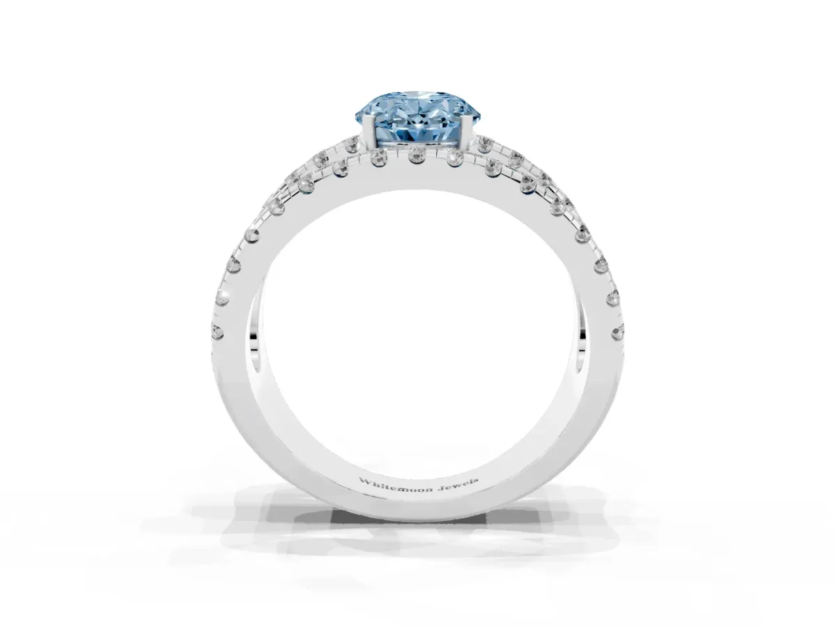 Fancy Blue Oval Cut Solitaire Split Shank Pave Diamond Ring Platinum