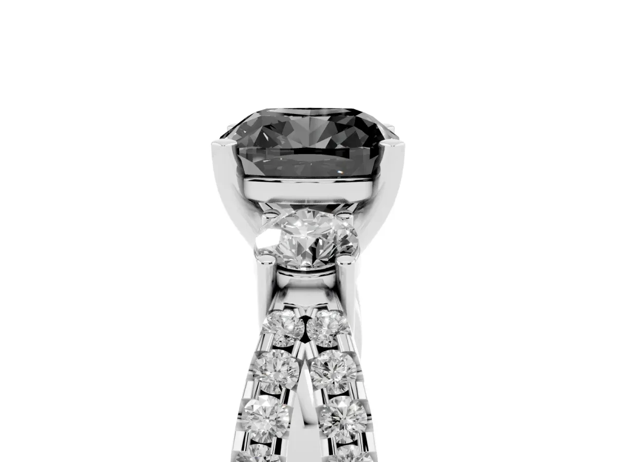 Fancy Black Cushion Cut Diamond Three-Stone Ring with Pavé Split Shank and Four-Prong Setting Platinum