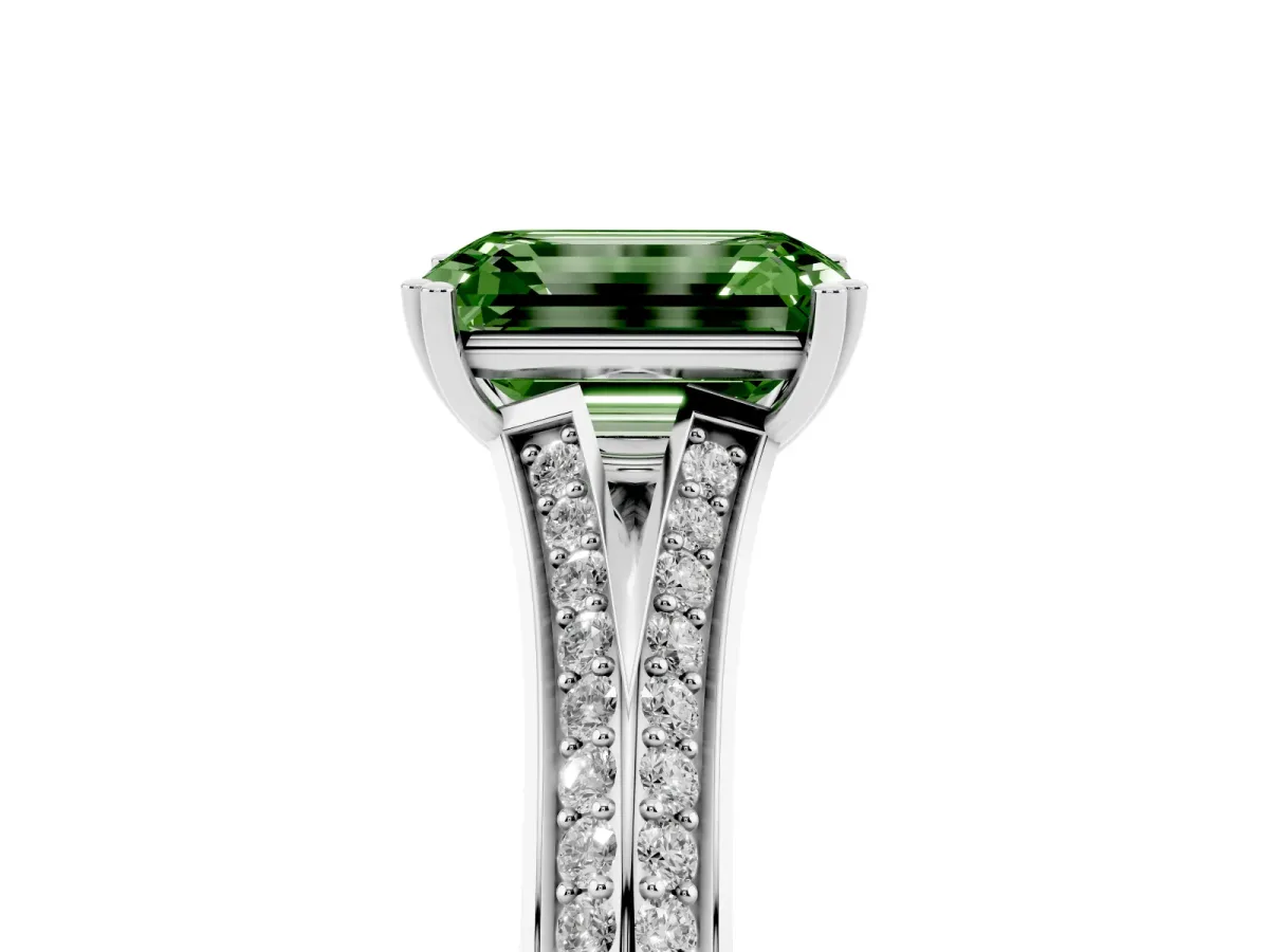 Fancy Green Emerald Cut Diamond Split Shank Engagement Ring with Pavé Band Silver