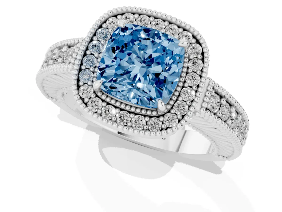 Fancy Blue Cushion Cut Cut Halo Diamond Ring with Pavé Band and Four-Prong Setting Silver