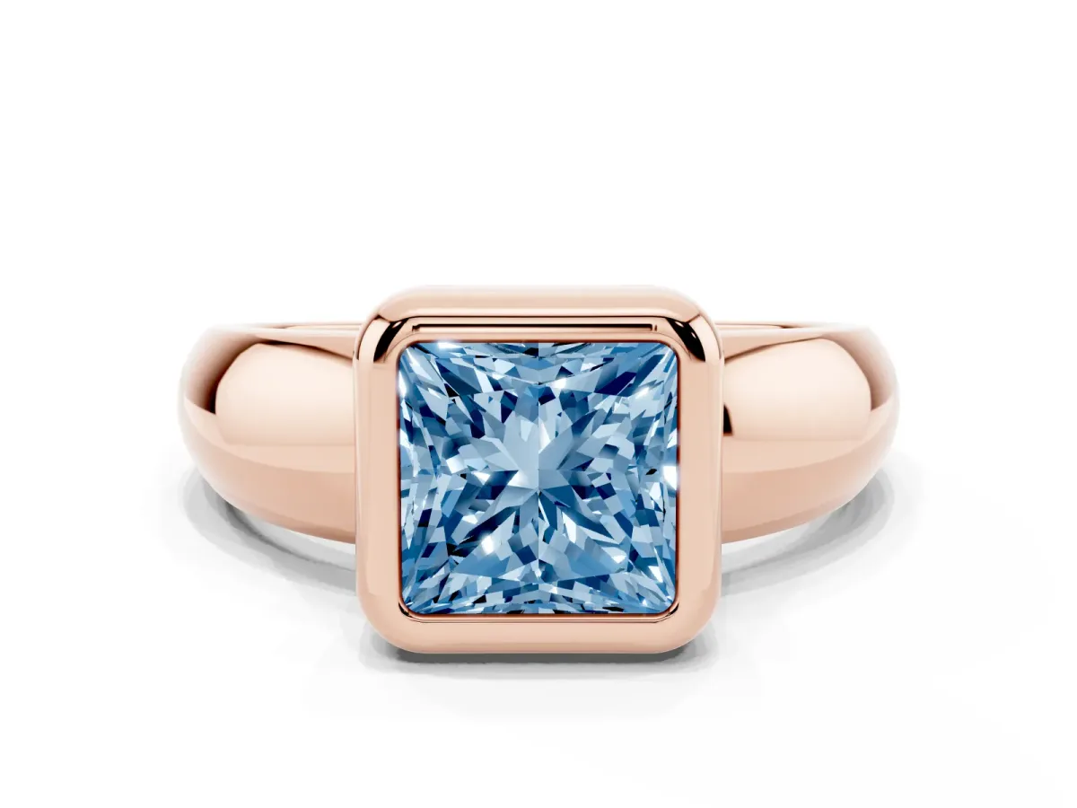 Fancy Blue Bezel Set Princess Cut Solitaire Ring with Wide Band Rose gold