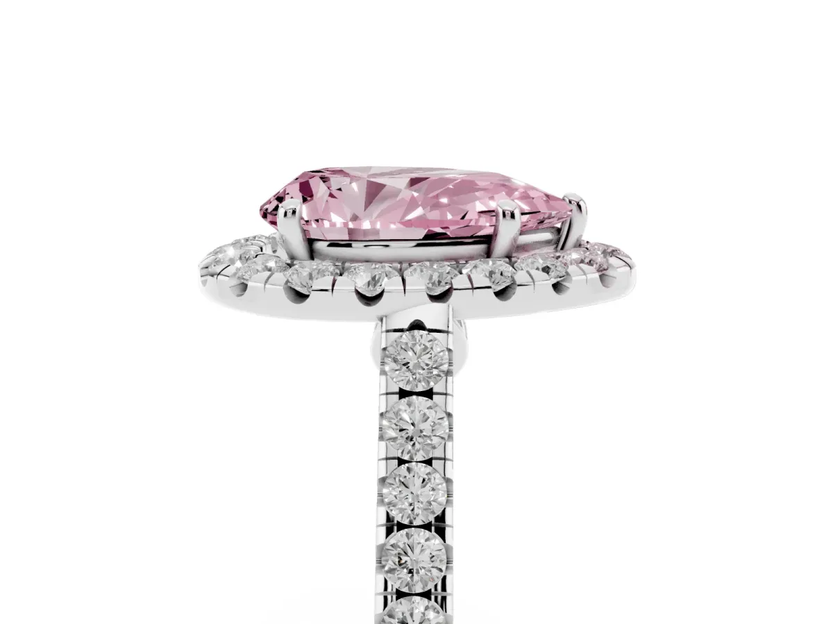 Fancy Pink Pear Cut Halo Pave Diamond Engagement Ring with Four-Prong Setting Silver