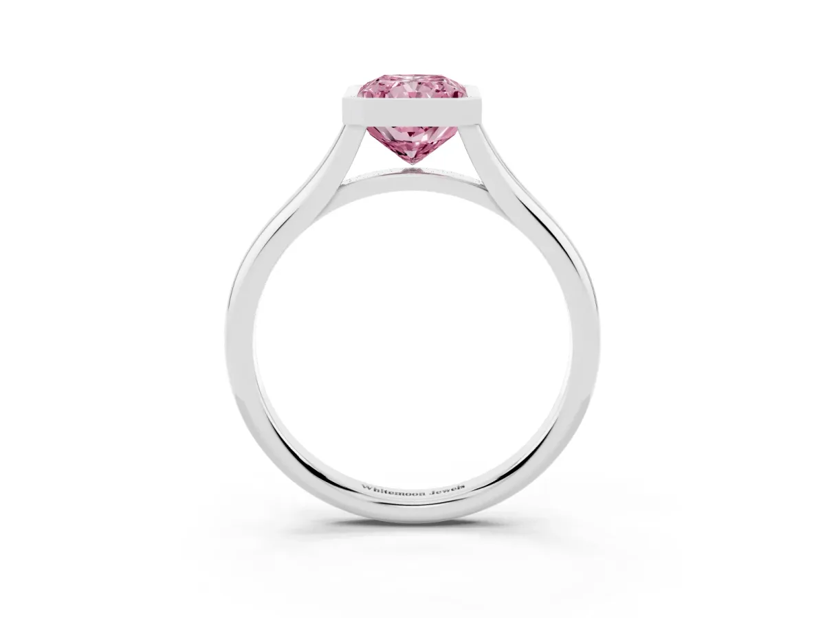 Fancy Pink Bezel Set Radiant Cut Cut Solitaire Ring with Tapered Band Silver