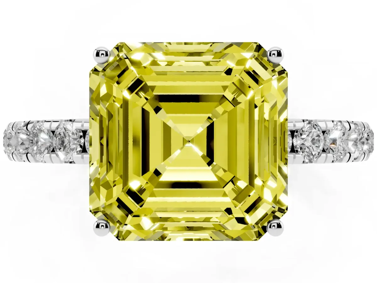 Fancy Yellow Asscher Cut Diamond Pavé Solitaire Engagement Ring with Four-Prong Setting Silver
