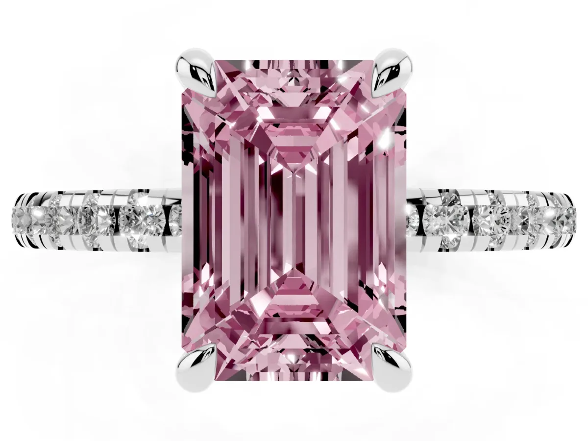 Fancy Pink Emerald Cut Diamond Brilliant Solitaire Ring with Pavé Band and Four-Prong Setting Silver