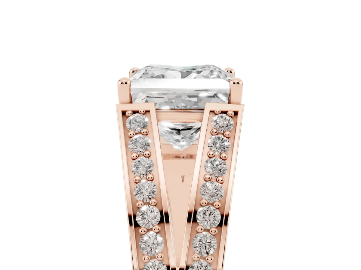Princess Cut Diamond Split Shank Ring with Pavé Band and Four-Prong Setting Rose gold