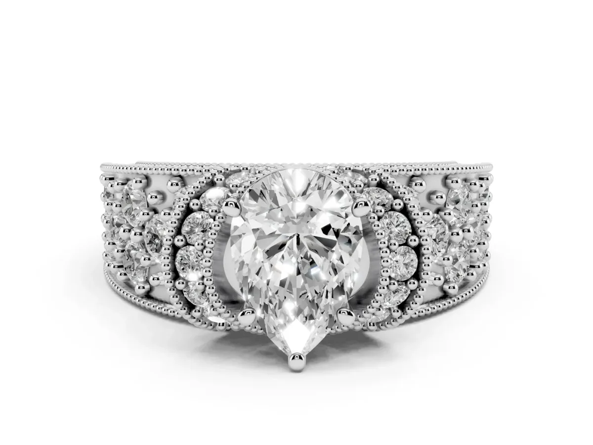 Pear Cut Halo Pave Diamond Engagement Ring with Milgrain Detailing Silver