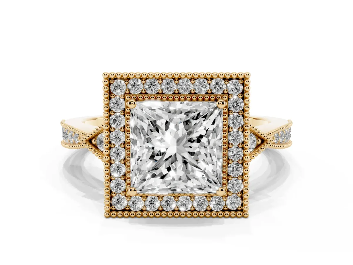 Princess Cut Halo Round Diamond Milgrain Pave Engagement Ring Yellow gold