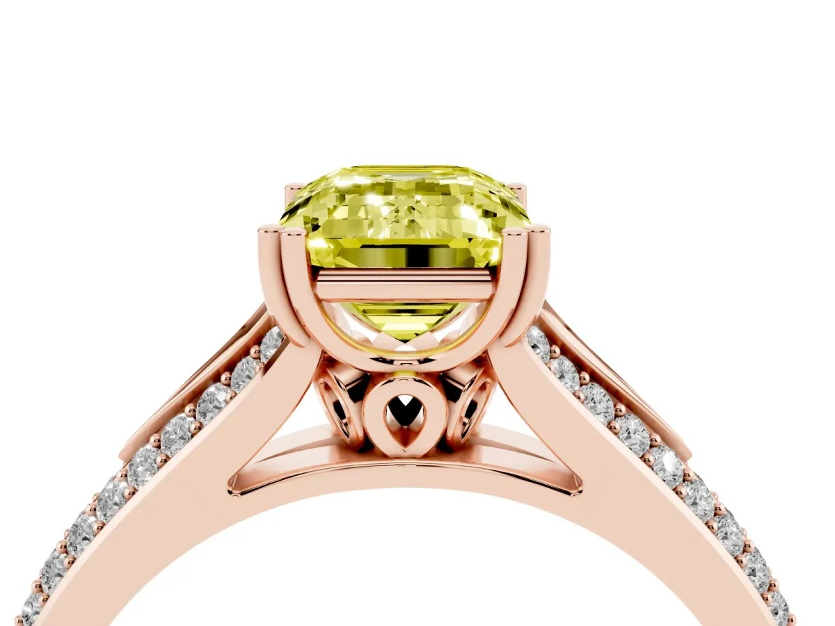 Fancy Yellow Emerald Cut Diamond Split Shank Engagement Ring with Pavé Band Rose gold