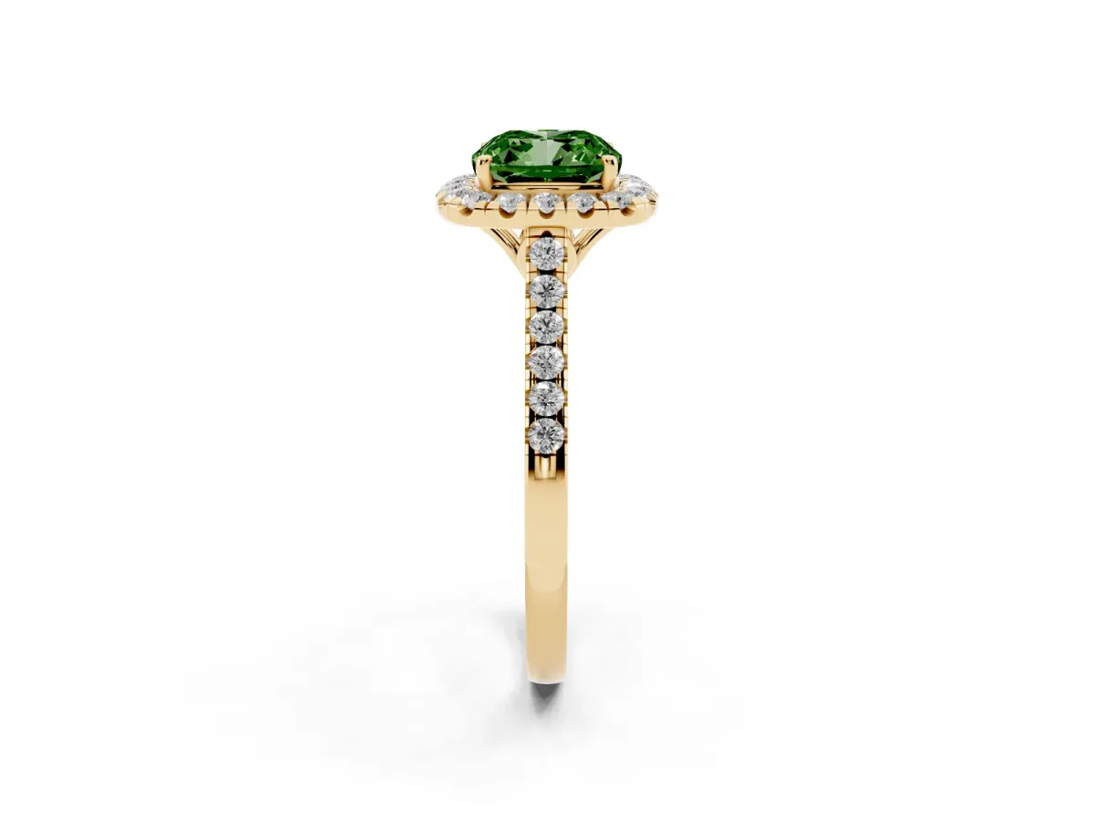 Fancy Green Cushion Cut Halo Pavé Diamond Engagement Ring with Four-Prong Setting Yellow gold