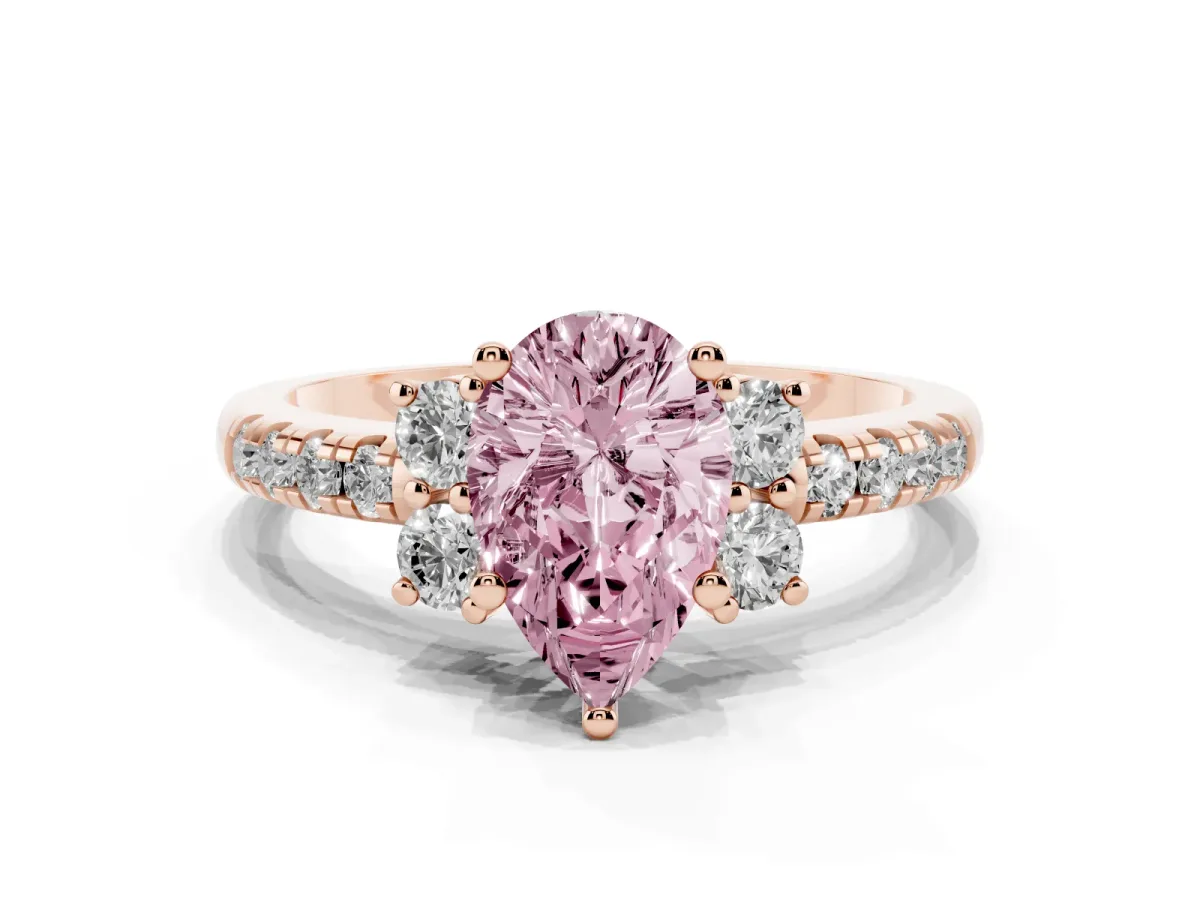 Fancy Pink Pear Cut Diamond Three-Stone Pave Band with Four-Prong Setting Rose gold